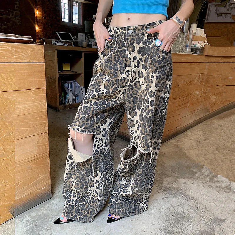 Nightout Summer Outfit Y2K Leopard Print Ripped Jeans  Wide Leg Streetwear Pants JKP7326