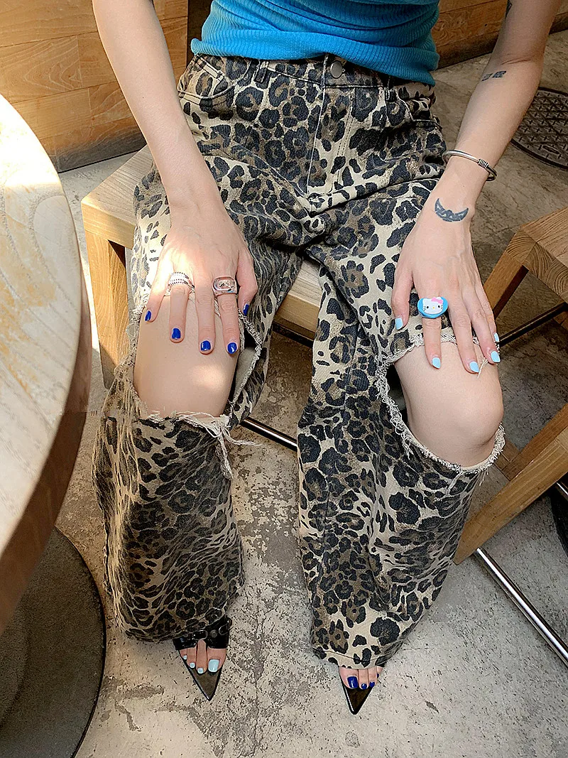 2023 Y2K Fashion New Rock Leopard Baggy Ripped Jeans Pants Clothes For Women Original Straight Loose Lady Wide Leg Long Trousers