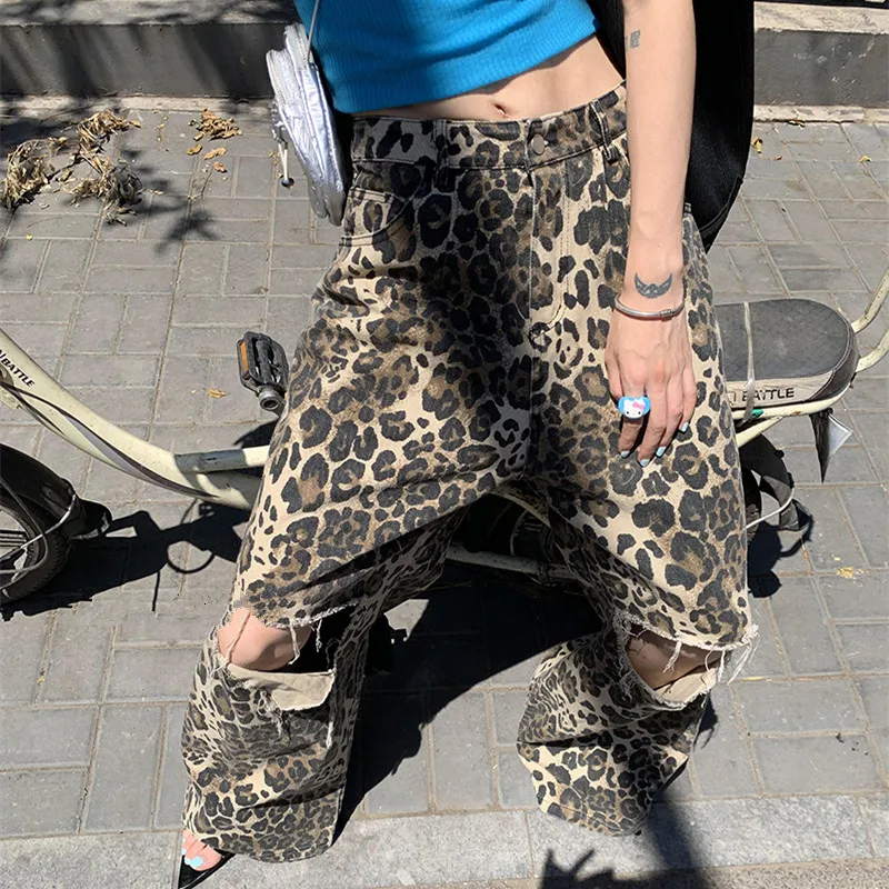2023 Y2K Fashion New Rock Leopard Baggy Ripped Jeans Pants Clothes For Women Original Straight Loose Lady Wide Leg Long Trousers