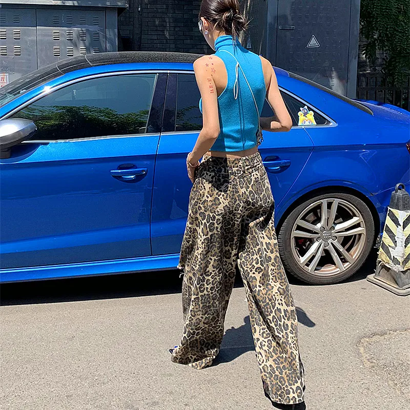 2023 Y2K Fashion New Rock Leopard Baggy Ripped Jeans Pants Clothes For Women Original Straight Loose Lady Wide Leg Long Trousers