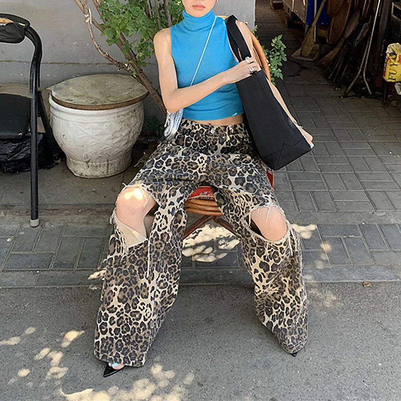 2023 Y2K Fashion New Rock Leopard Baggy Ripped Jeans Pants Clothes For Women Original Straight Loose Lady Wide Leg Long Trousers