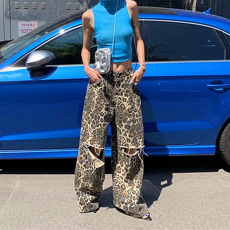 2023 Y2K Fashion New Rock Leopard Baggy Ripped Jeans Pants Clothes For Women Original Straight Loose Lady Wide Leg Long Trousers