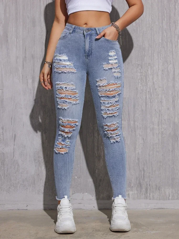 Women Ripped Jeans Cotton Skinny Stretch Lady High Waist Hole Denim Pants Fashion Solid Color Sexy Pencil Trousers High Waist Ripped Skinny Ed Hardy Jeans Stretch Denim for Women