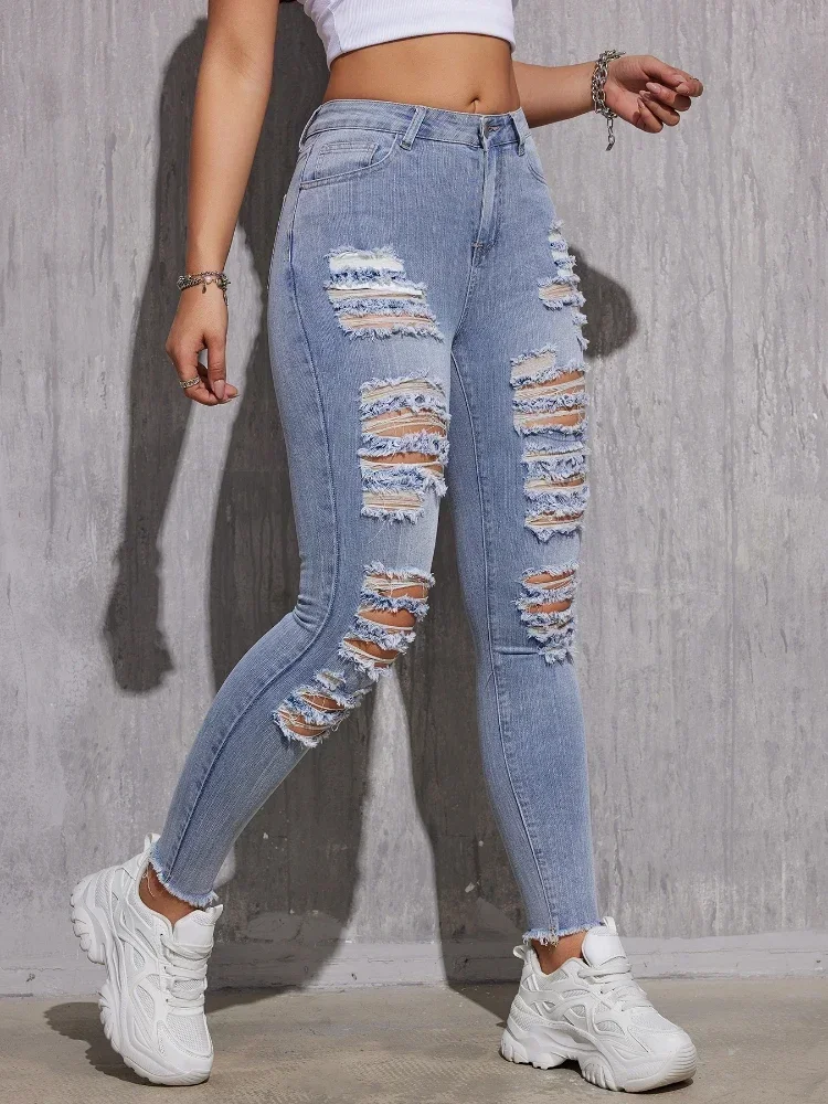 Women Ripped Jeans Cotton Skinny Stretch Lady High Waist Hole Denim Pants Fashion Solid Color Sexy Pencil Trousers High Waist Ripped Skinny Ed Hardy Jeans Stretch Denim for Women