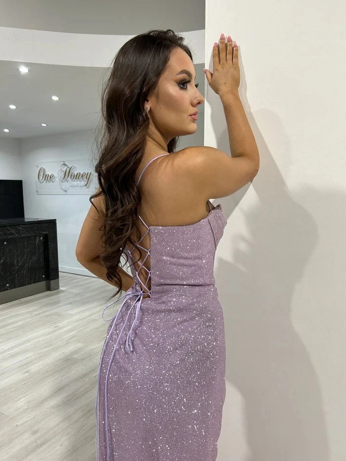 BABYONLINE Customized Glitter Evening Dresswith Thin Strap Corset Bustier Lace up Back Mermiad Forml Gown Dress Leg Side Split