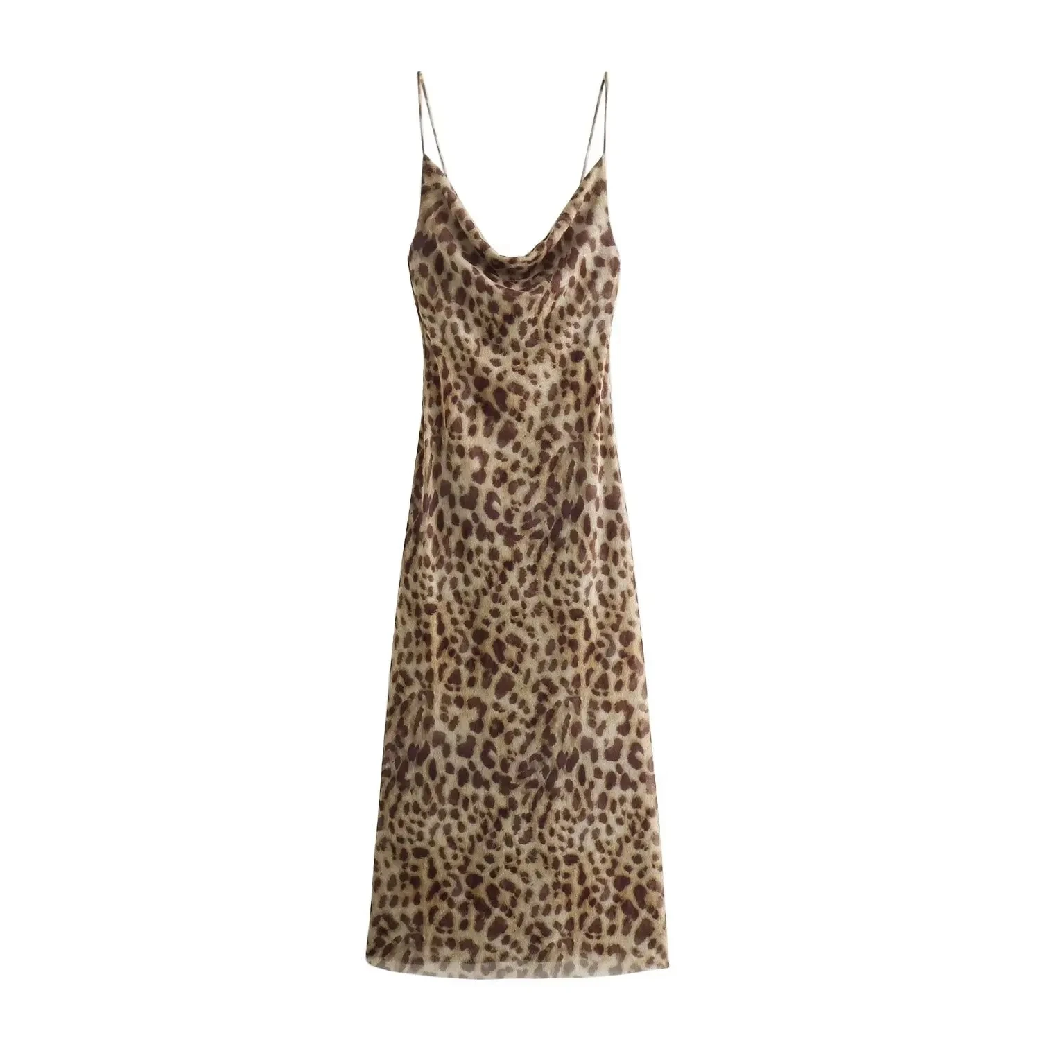 FREE SHIPPING Women Vintage Leopard Print Slip Long Dress Spaghetti Strap Satin Midi Dress JKP7331 Leopard print satin slip dress with spaghetti straps and cowl neckline.