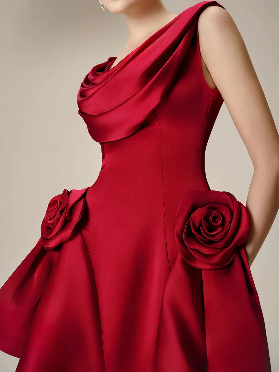 Chic Red Satin Cocktail Mini Dress with Rose Accents Draped Neck Evening Wear JKP7333