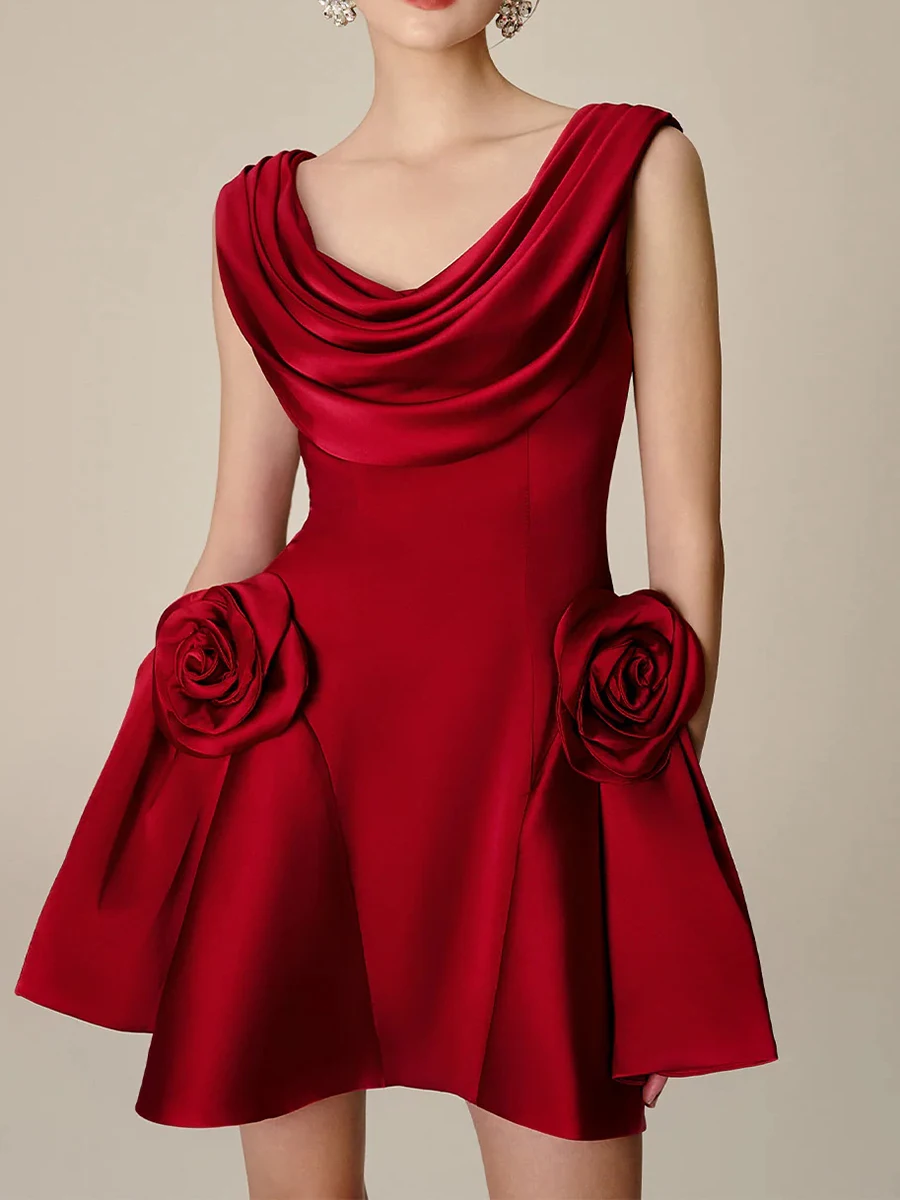 Chic Red Satin Cocktail Mini Dress with Rose Accents Draped Neck Evening Wear JKP7333