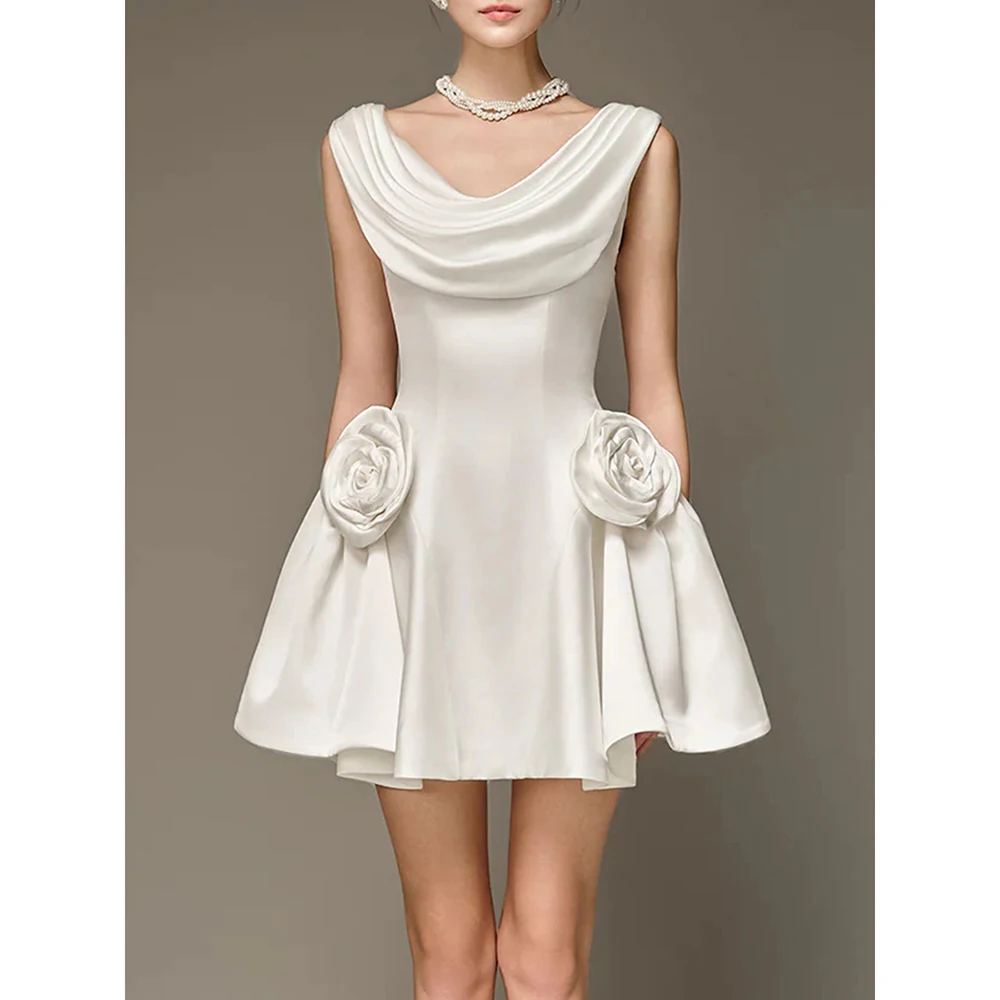Chic White Satin Cocktail Mini Dress with Rose Accents Draped Neck Evening Wear JKP7333