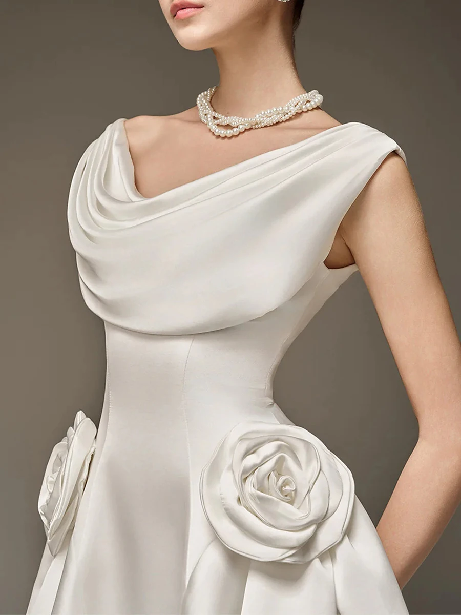Chic White Satin Cocktail Mini Dress with Rose Accents Draped Neck Evening Wear JKP7333