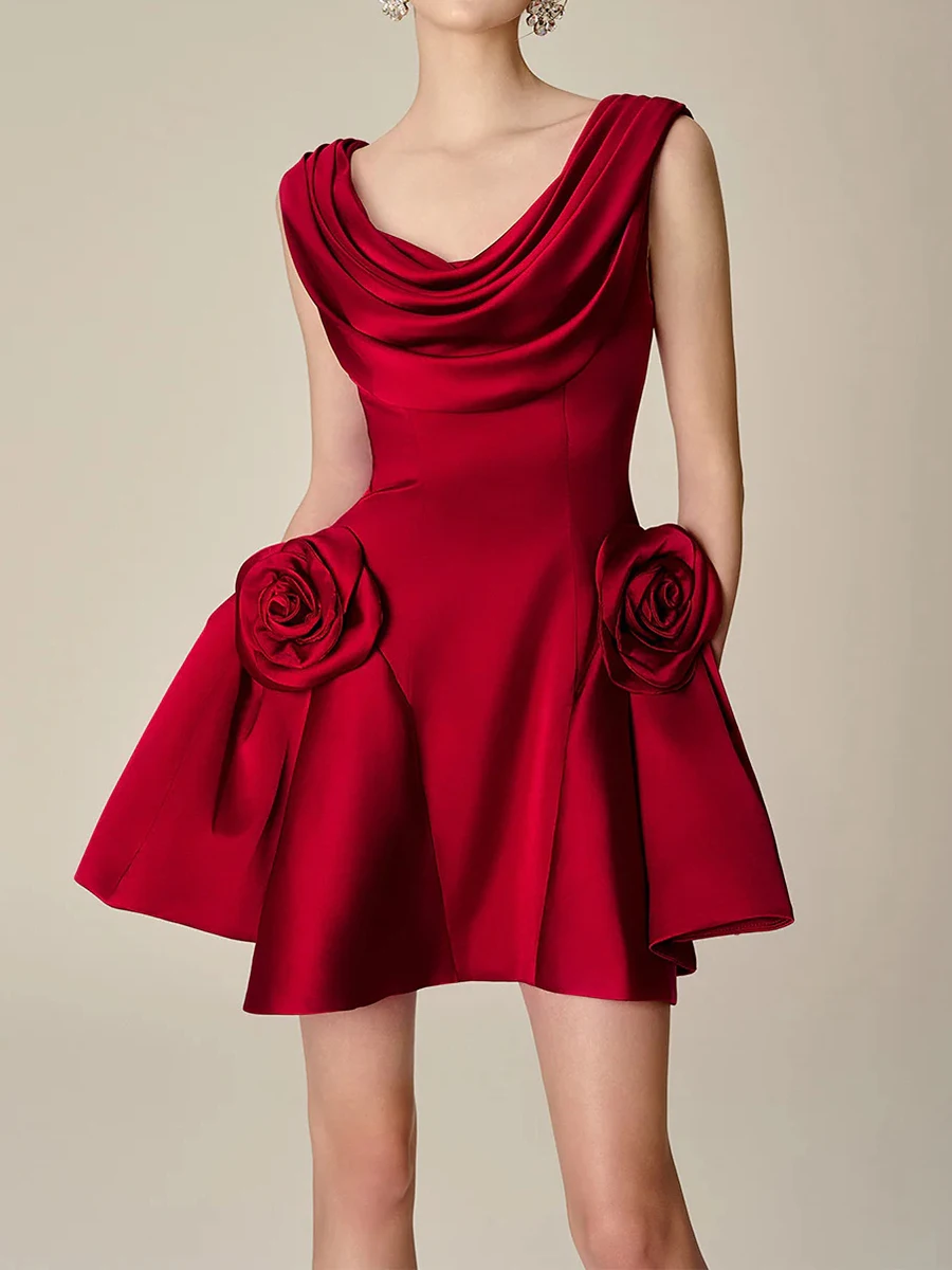 Chic Red Satin Cocktail Mini Dress with Rose Accents Draped Neck Evening Wear JKP7333