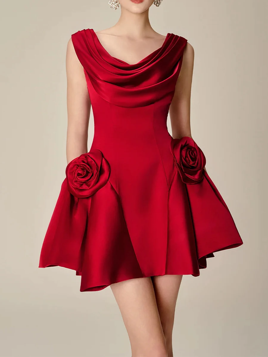 Chic Red Satin Cocktail Mini Dress with Rose Accents Draped Neck Evening Wear JKP7333