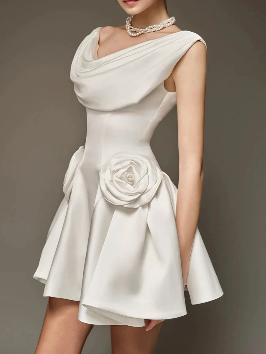 Chic White Satin Cocktail Mini Dress with Rose Accents Draped Neck Evening Wear JKP7333