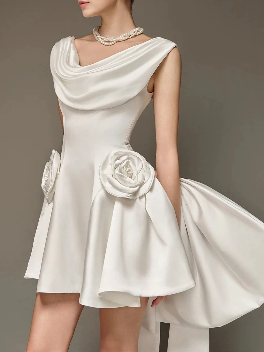 Chic White Satin Cocktail Mini Dress with Rose Accents Draped Neck Evening Wear JKP7333