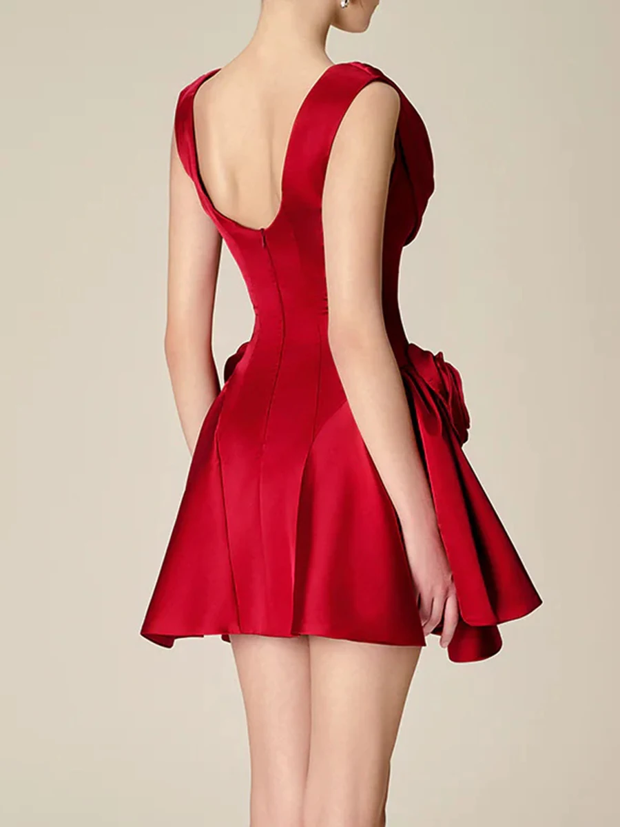 Chic Red Satin Cocktail Mini Dress with Rose Accents Draped Neck Evening Wear JKP7333