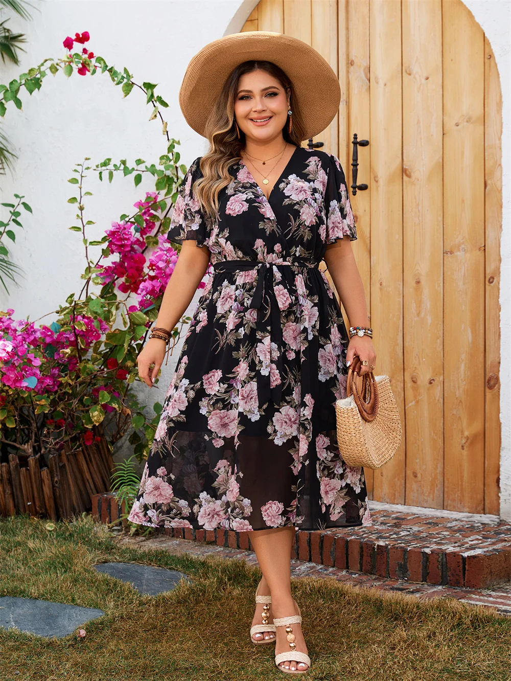 FREE SHIPPING Plus Size Floral Boho Midi Dress Summer Casual V-Neck Short Sleeve Belted Dress JKP7337