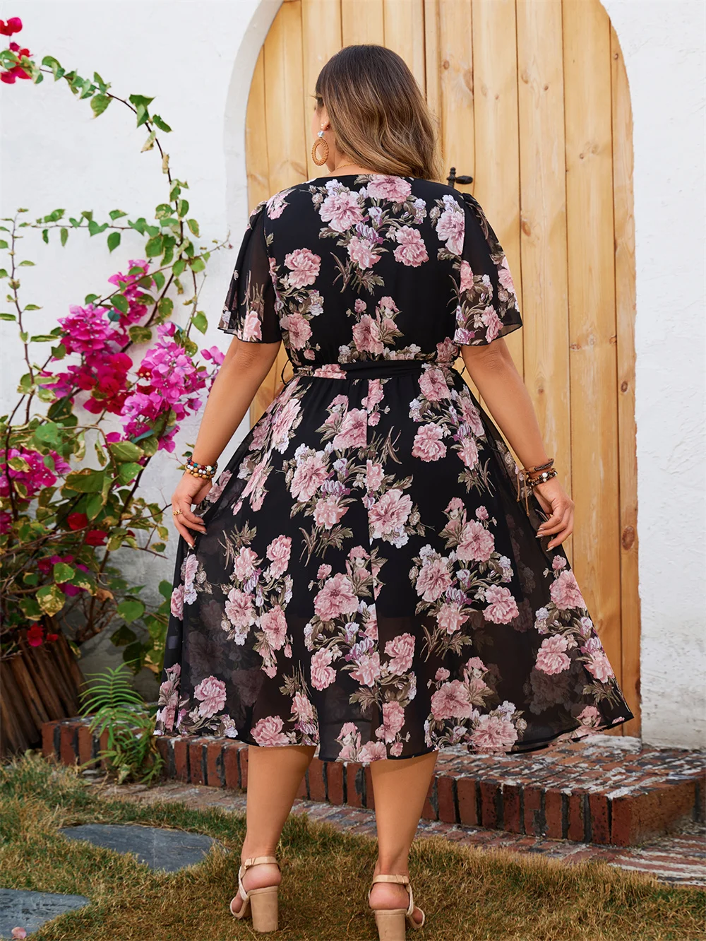FREE SHIPPING Plus Size Floral Boho Midi Dress Summer Casual V-Neck Short Sleeve Belted Dress JKP7337