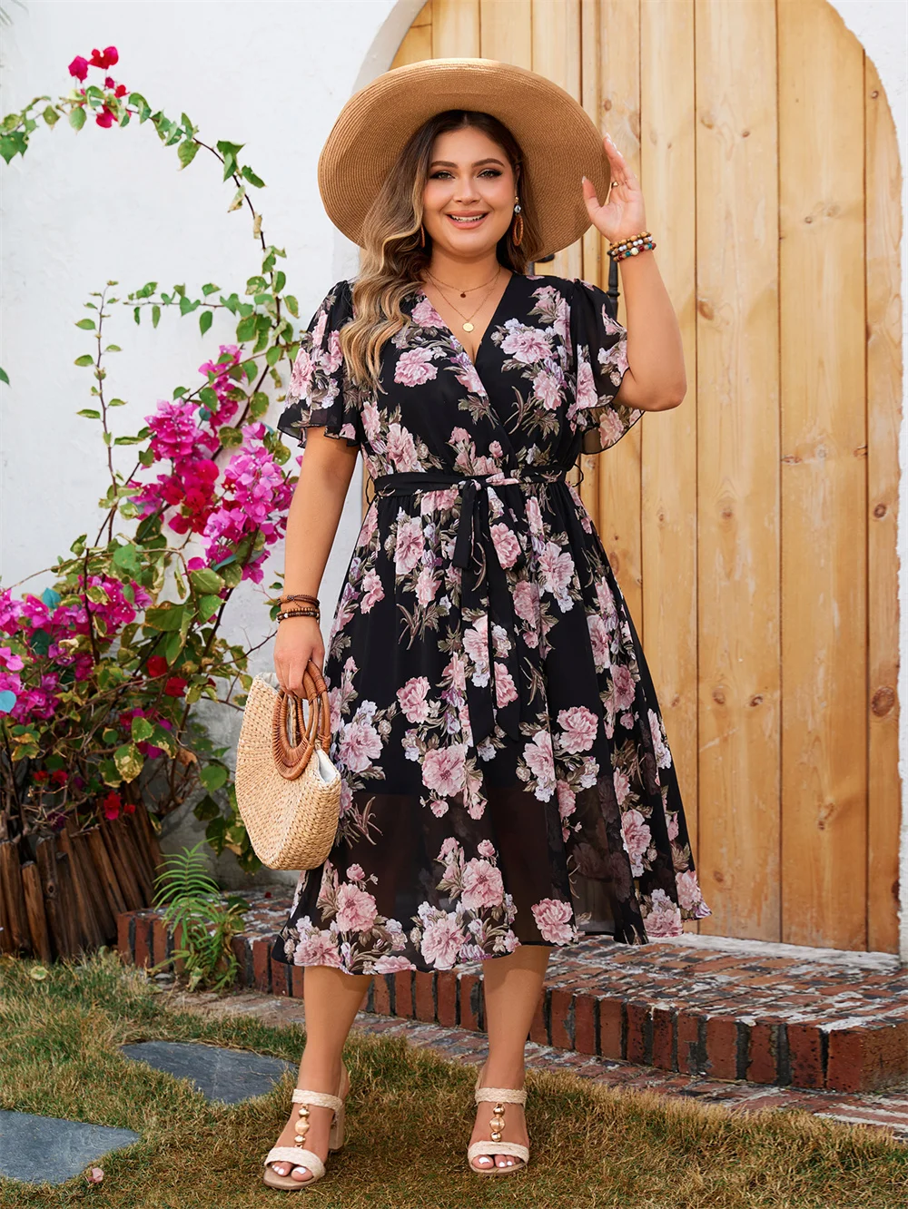 FREE SHIPPING Plus Size Floral Boho Midi Dress Summer Casual V-Neck Short Sleeve Belted Dress JKP7337