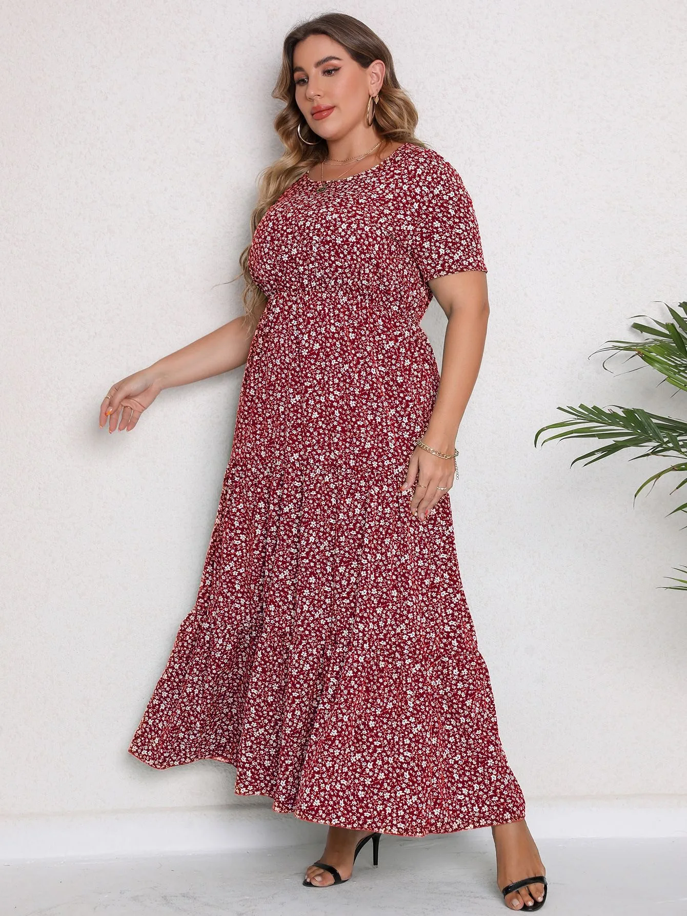 FREE SHIPPING Plus Size Floral Summer Boho Vacation Ruffle Hem Maxi Dress JKP7340