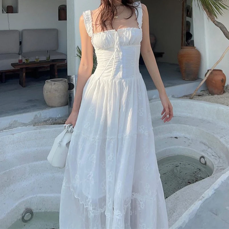 Sexy White Backless Maxi Dress Elegant Summer Mesh Ruched Long Dress JKP7341