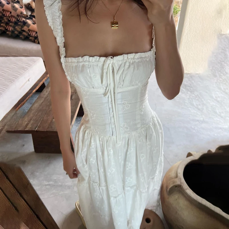 Sexy White Backless Maxi Dress Elegant Summer Mesh Ruched Long Dress JKP7341