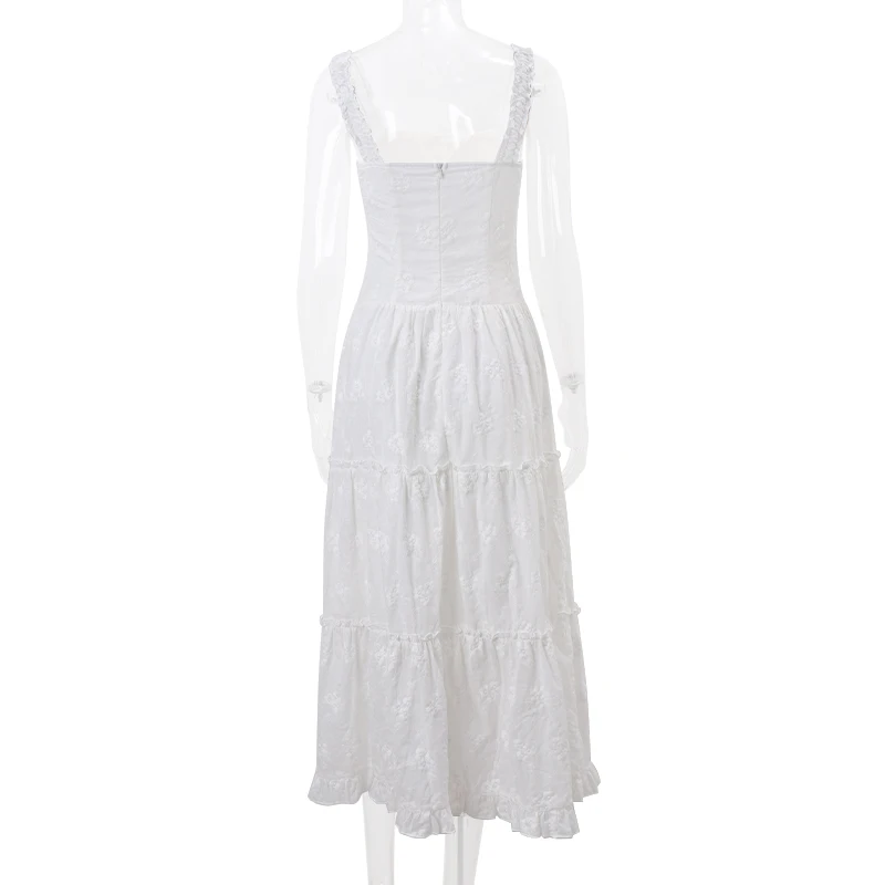 Sexy White Backless Maxi Dress Elegant Summer Mesh Ruched Long Dress JKP7341
