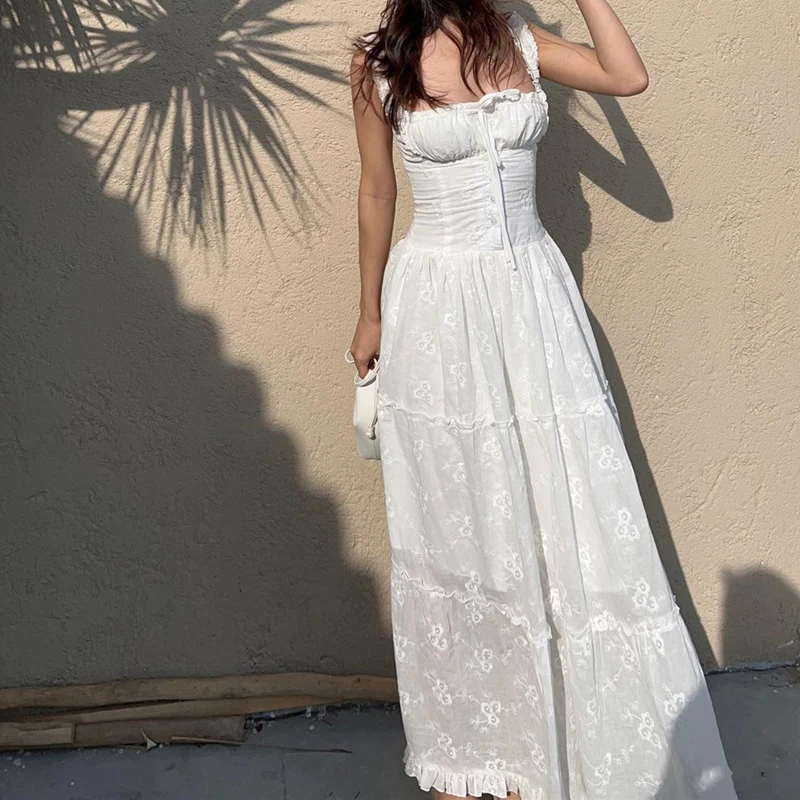 Sexy White Backless Maxi Dress Elegant Summer Mesh Ruched Long Dress JKP7341