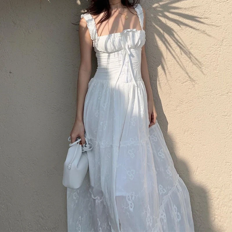 Sexy White Backless Maxi Dress Elegant Summer Mesh Ruched Long Dress JKP7341