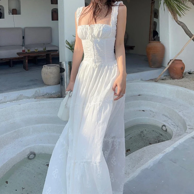 Sexy White Backless Maxi Dress Elegant Summer Mesh Ruched Long Dress JKP7341