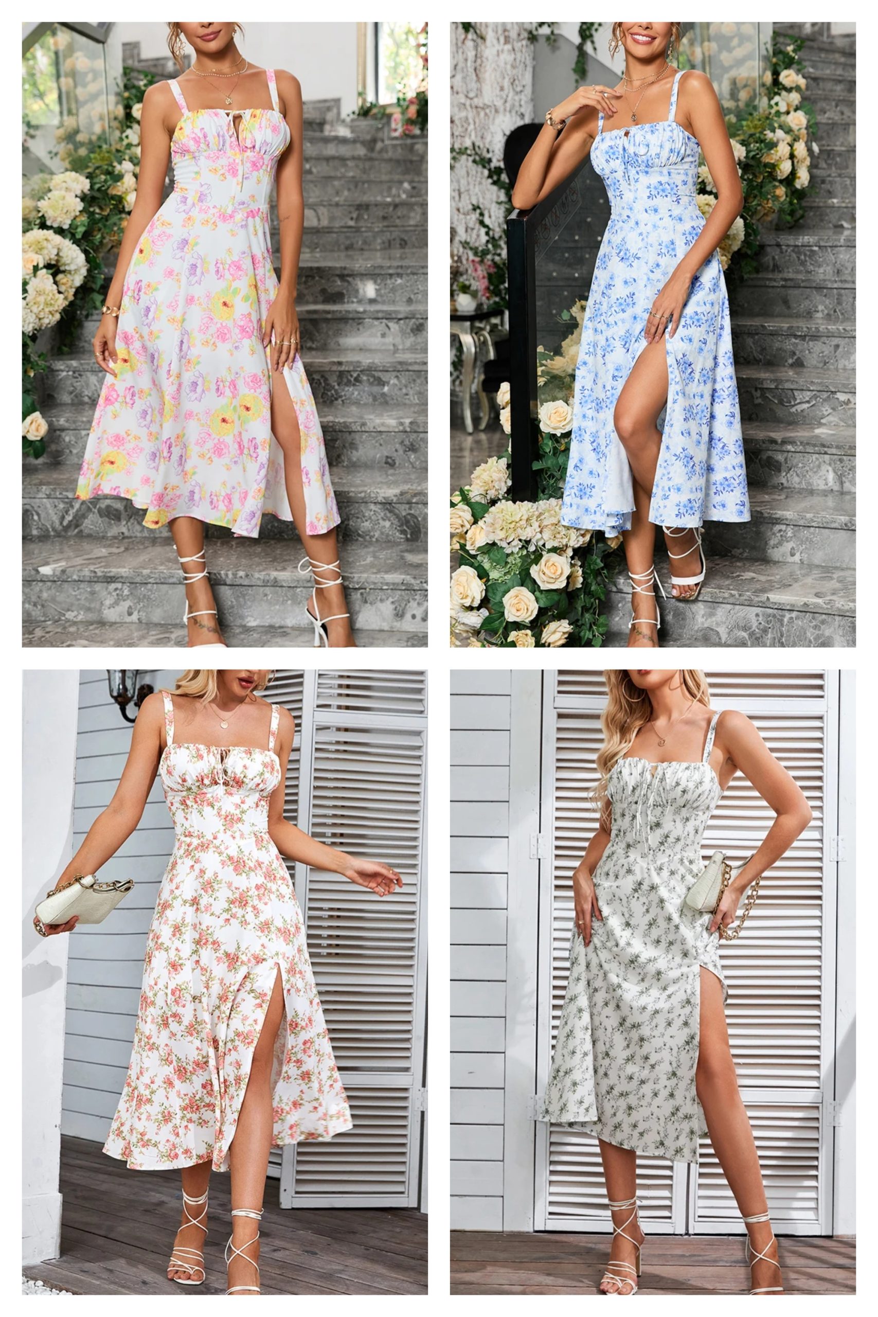 FREE SHIPPING Floral Print Summer Midi Dress Elegant Tie Up Split Party Dress 2025