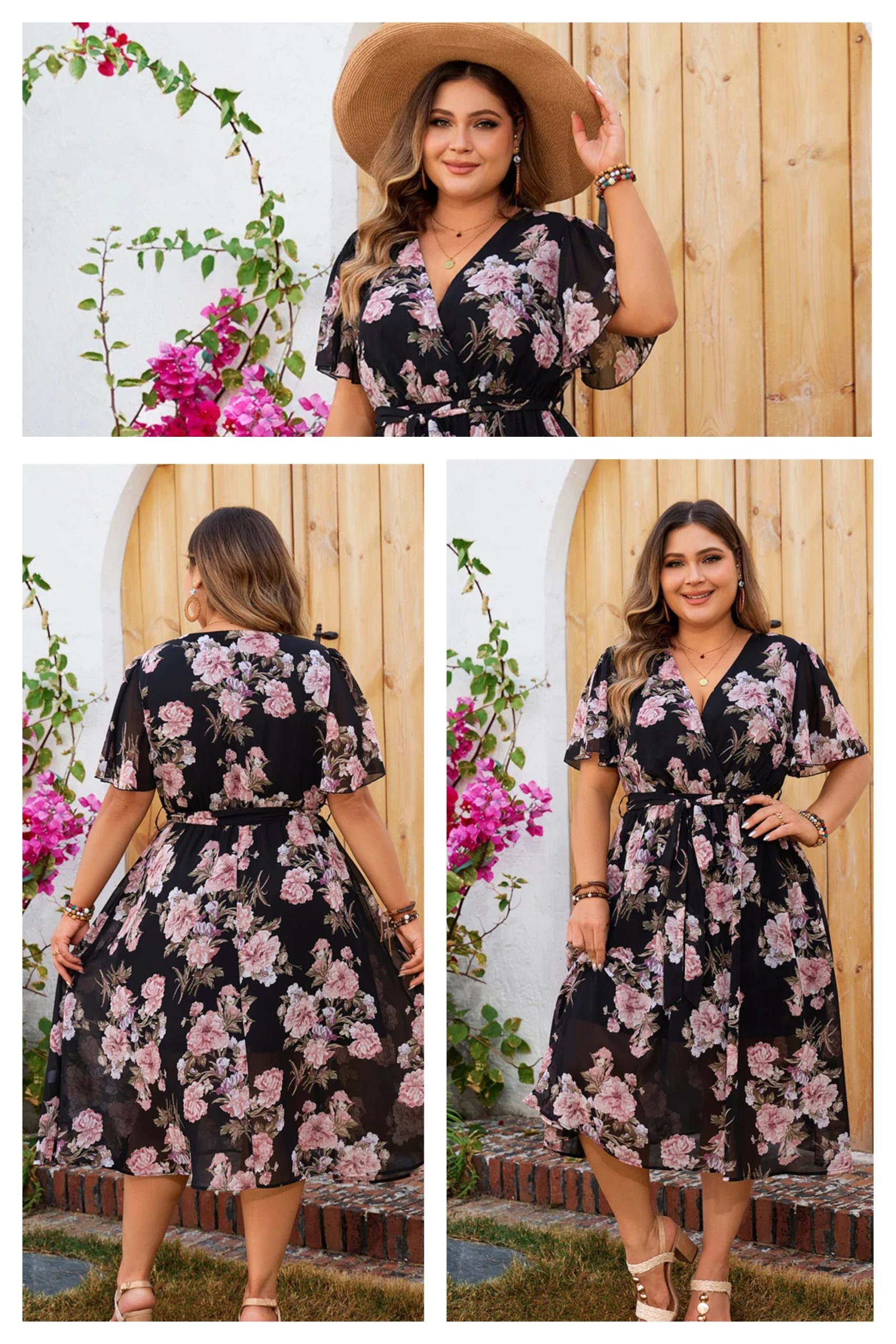 FREE SHIPPING Plus Size Floral Boho Midi Dress Summer Casual V-Neck Short Sleeve Belted Dress JKP7337