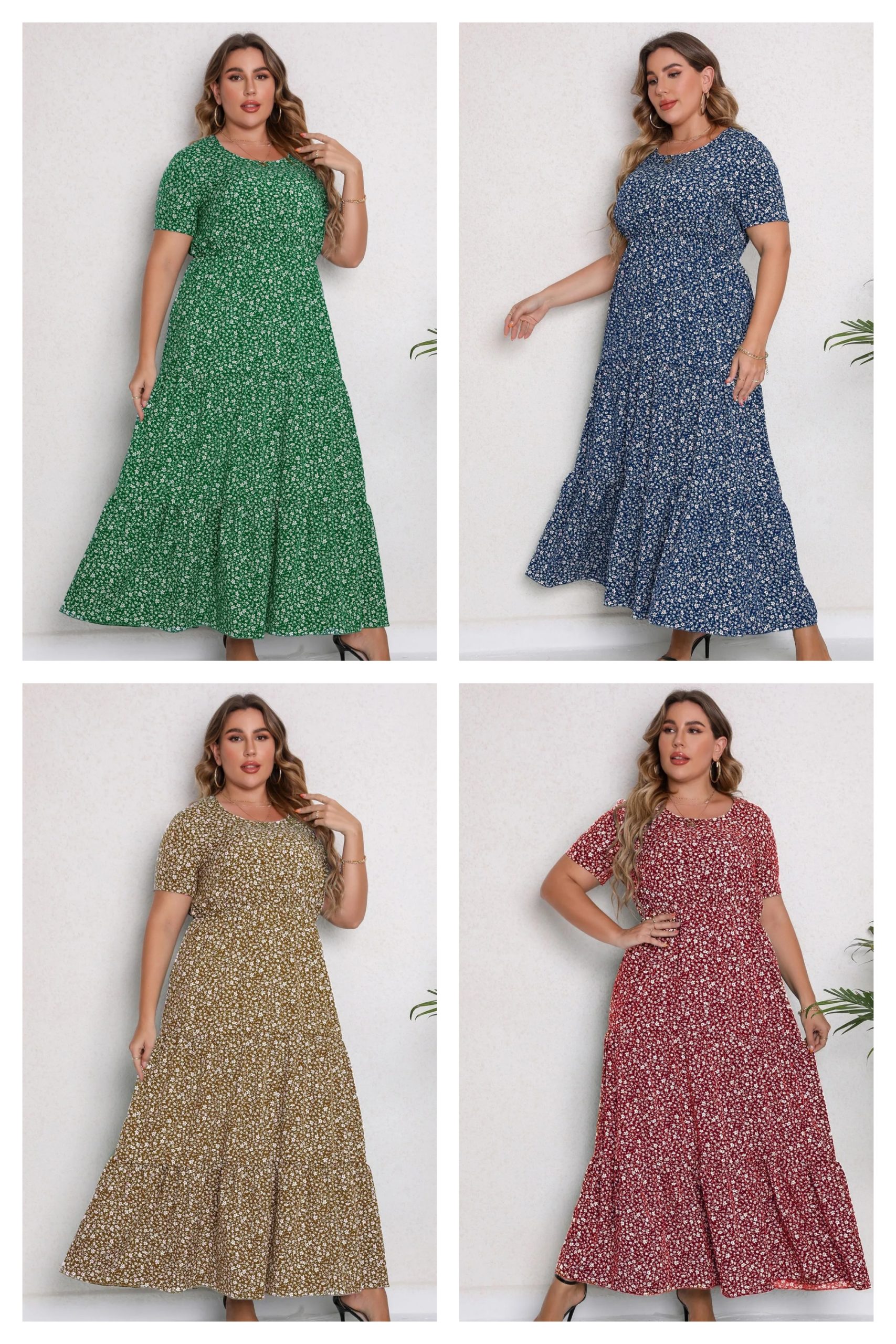 FREE SHIPPING Plus Size Floral Summer Boho Vacation Ruffle Hem Maxi Dress JKP7340