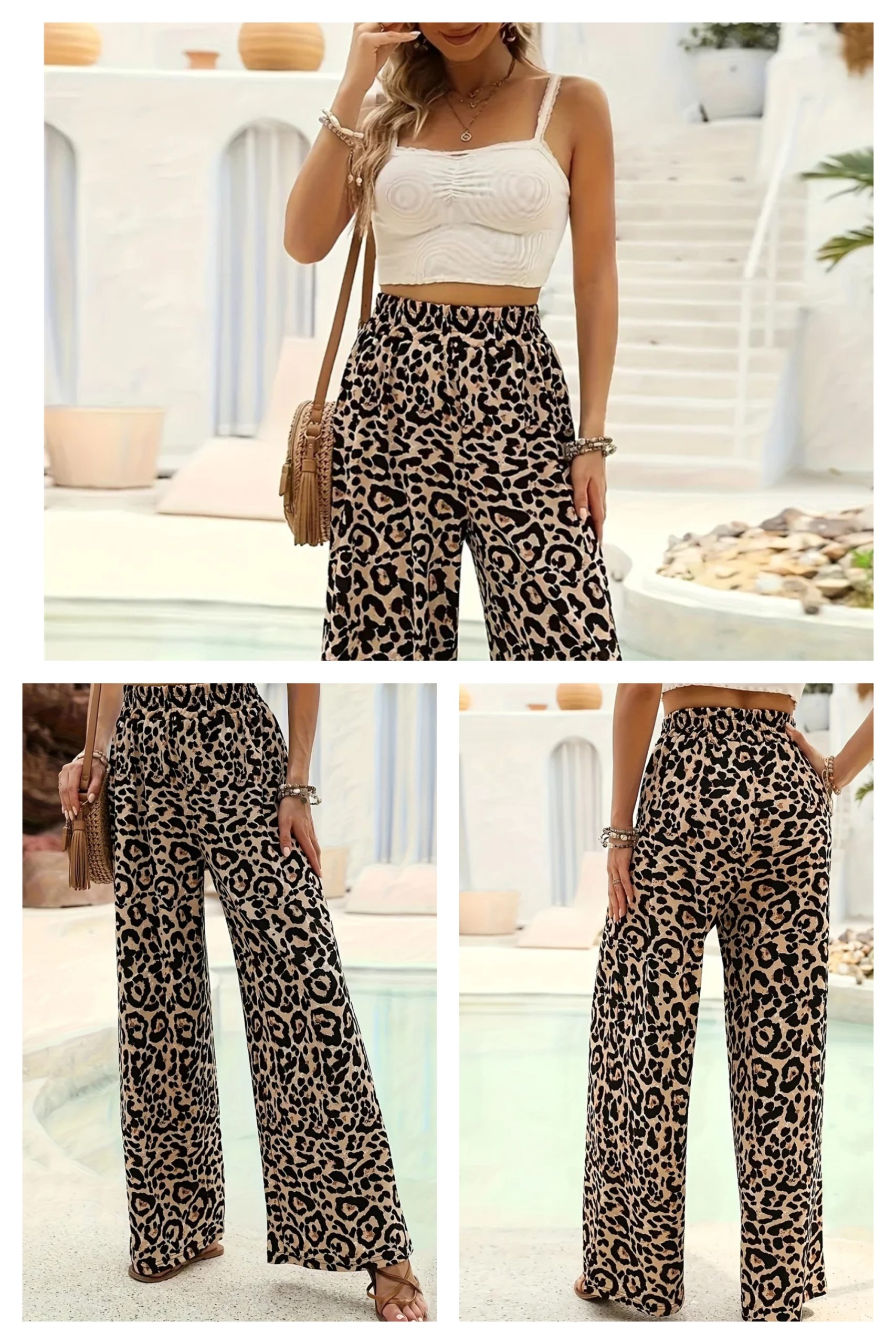 FREE SHIPPING Plus Size Leopard Print Boho Pants Casual Wide Leg Elastic Waist Trousers JKP7336