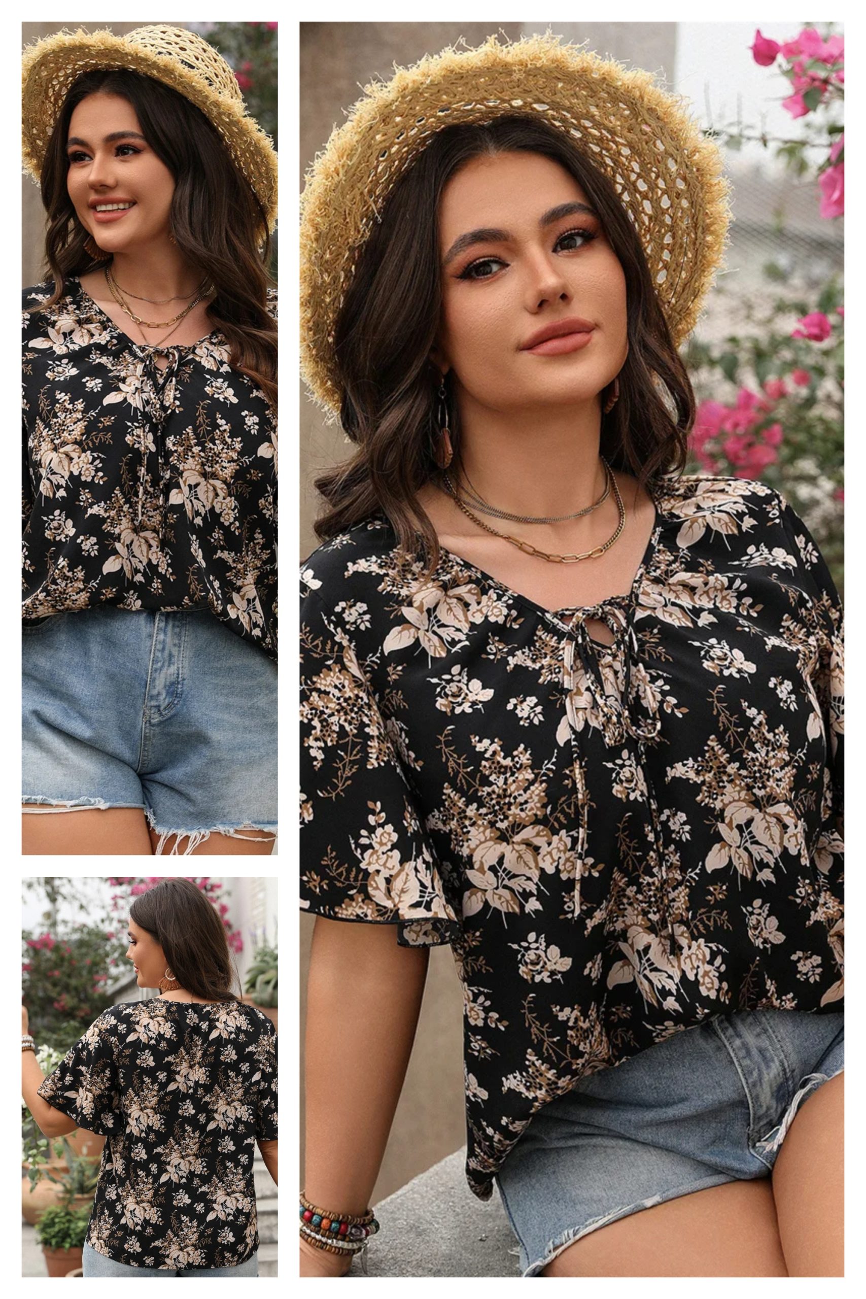 Plus size woman wearing black floral blouse with tie neck and butterfly sleeves