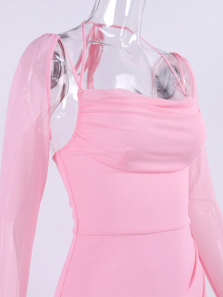 FREE SHIPPING Pink Halter Mesh Mini Dress Flounce Sleeves Backless Bandage Party Outfit 2025 JKP7345 FREE SHIPPING Pink Halter Mesh Mini Dress Flounce Sleeves Backless Bandage Party Outfit 2025 JKP7345