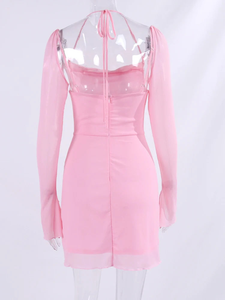 FREE SHIPPING Pink Halter Mesh Mini Dress Flounce Sleeves Backless Bandage Party Outfit 2025 JKP7345 FREE SHIPPING Pink Halter Mesh Mini Dress Flounce Sleeves Backless Bandage Party Outfit 2025 JKP7345