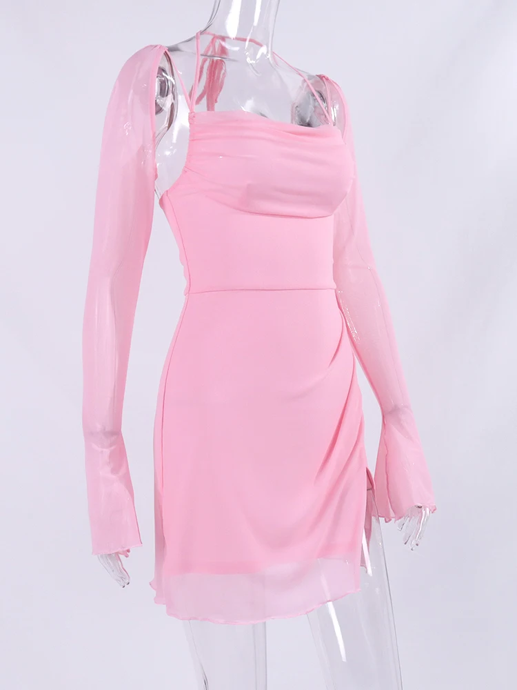 FREE SHIPPING Pink Halter Mesh Mini Dress Flounce Sleeves Backless Bandage Party Outfit 2025 JKP7345 FREE SHIPPING Pink Halter Mesh Mini Dress Flounce Sleeves Backless Bandage Party Outfit 2025 JKP7345