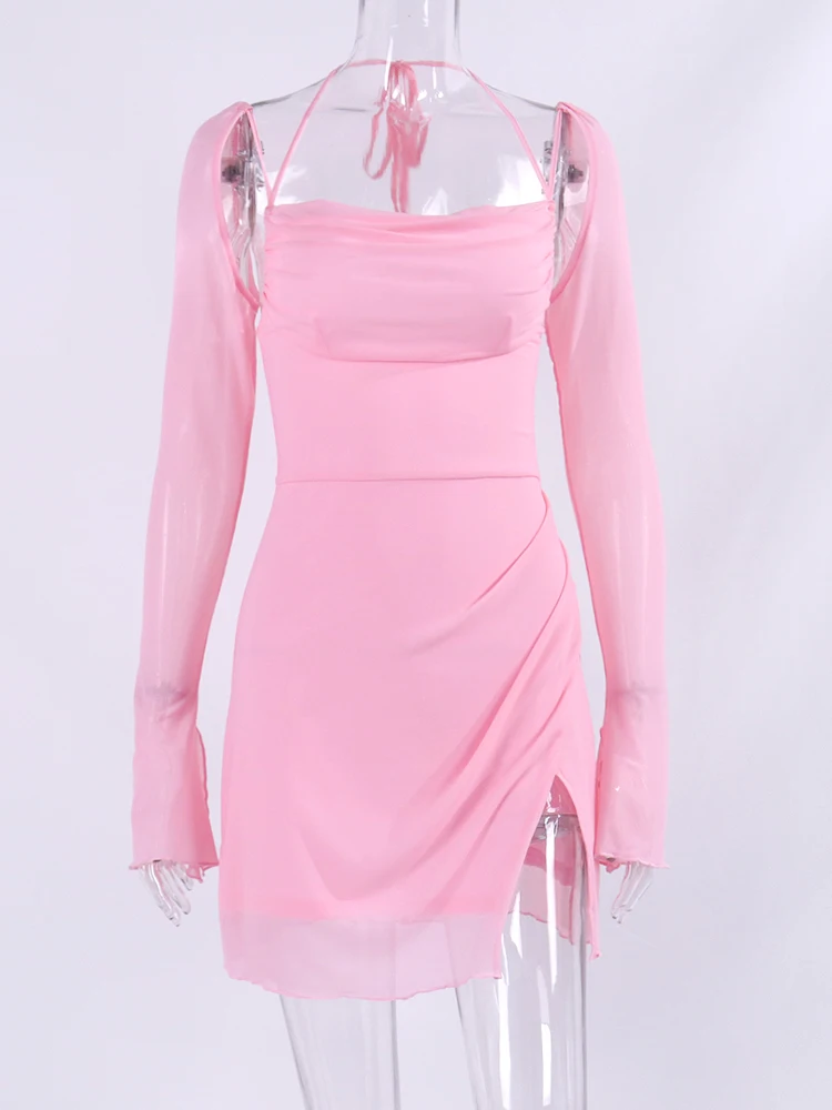 FREE SHIPPING Pink Halter Mesh Mini Dress Flounce Sleeves Backless Bandage Party Outfit 2025 JKP7345 FREE SHIPPING Pink Halter Mesh Mini Dress Flounce Sleeves Backless Bandage Party Outfit 2025 JKP7345