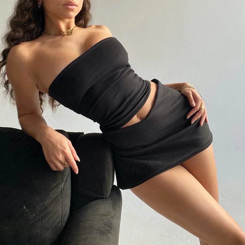 Women Y2K Spring Tube Top And Mini Skirt Set Sexy Two Piece Party Club Outfit JKP7349