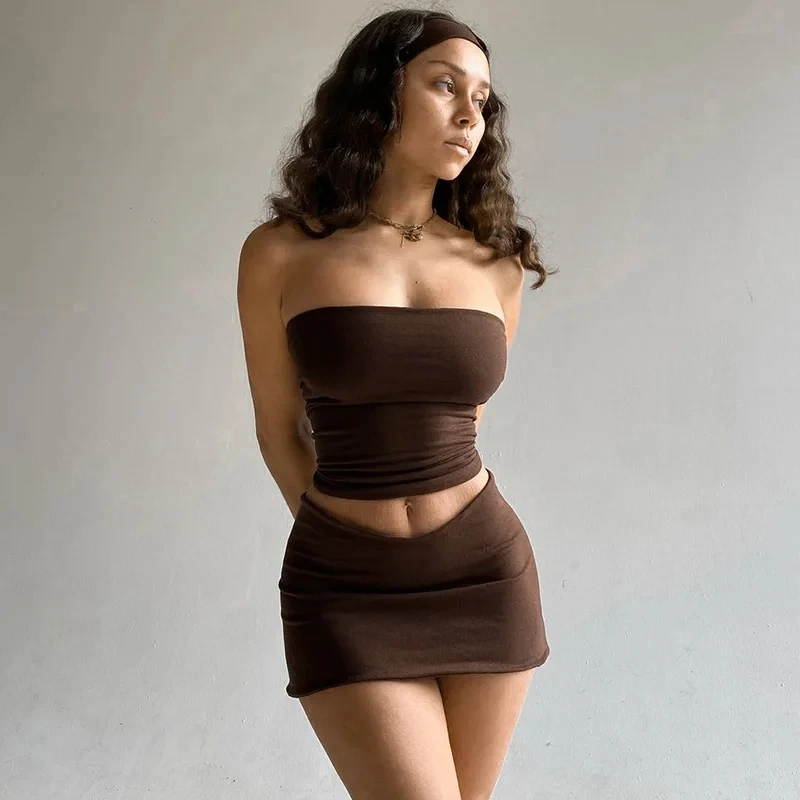 Women Y2K Spring Tube Top And Mini Skirt Set Sexy Two Piece Party Club Outfit JKP7349
