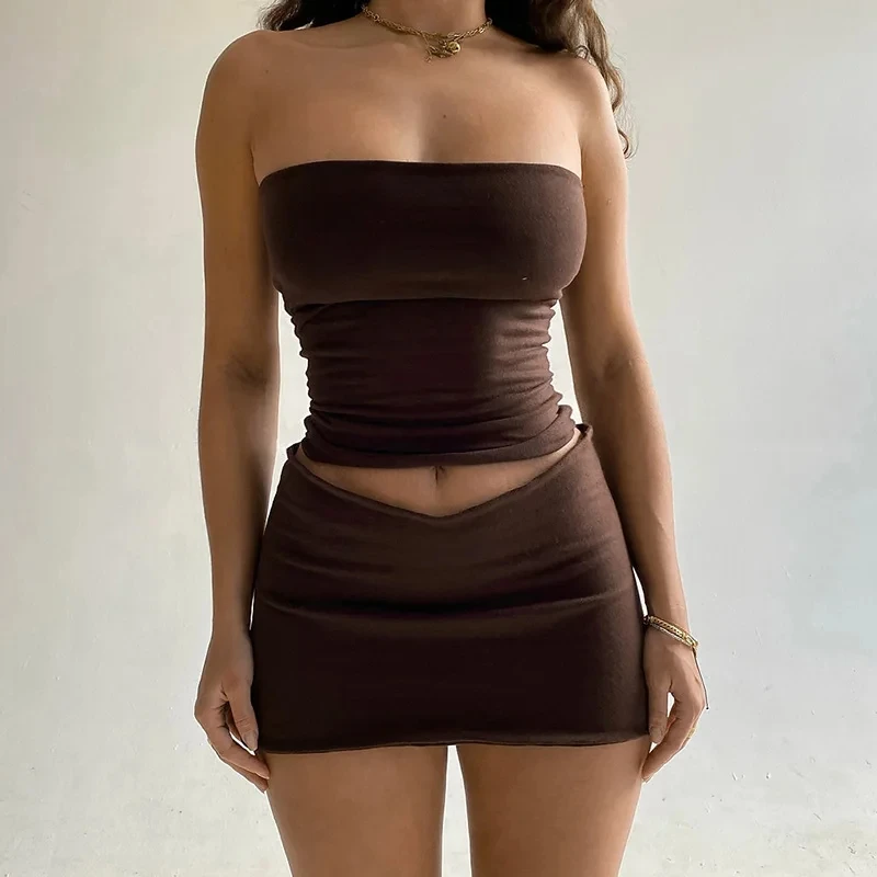 Women Y2K Spring Tube Top And Mini Skirt Set Sexy Two Piece Party Club Outfit JKP7349