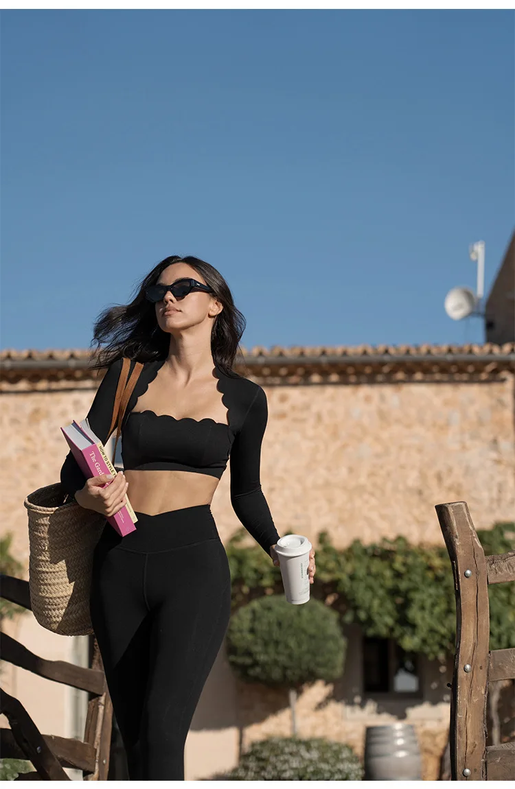 Black Square Neck Yoga Long Sleeve Compression Top And High Elastic Workout Leggings JKP7350