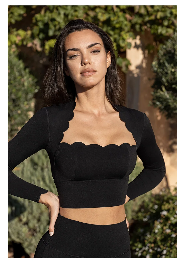 Black Square Neck Yoga Long Sleeve Compression Top And High Elastic Workout Leggings JKP7350