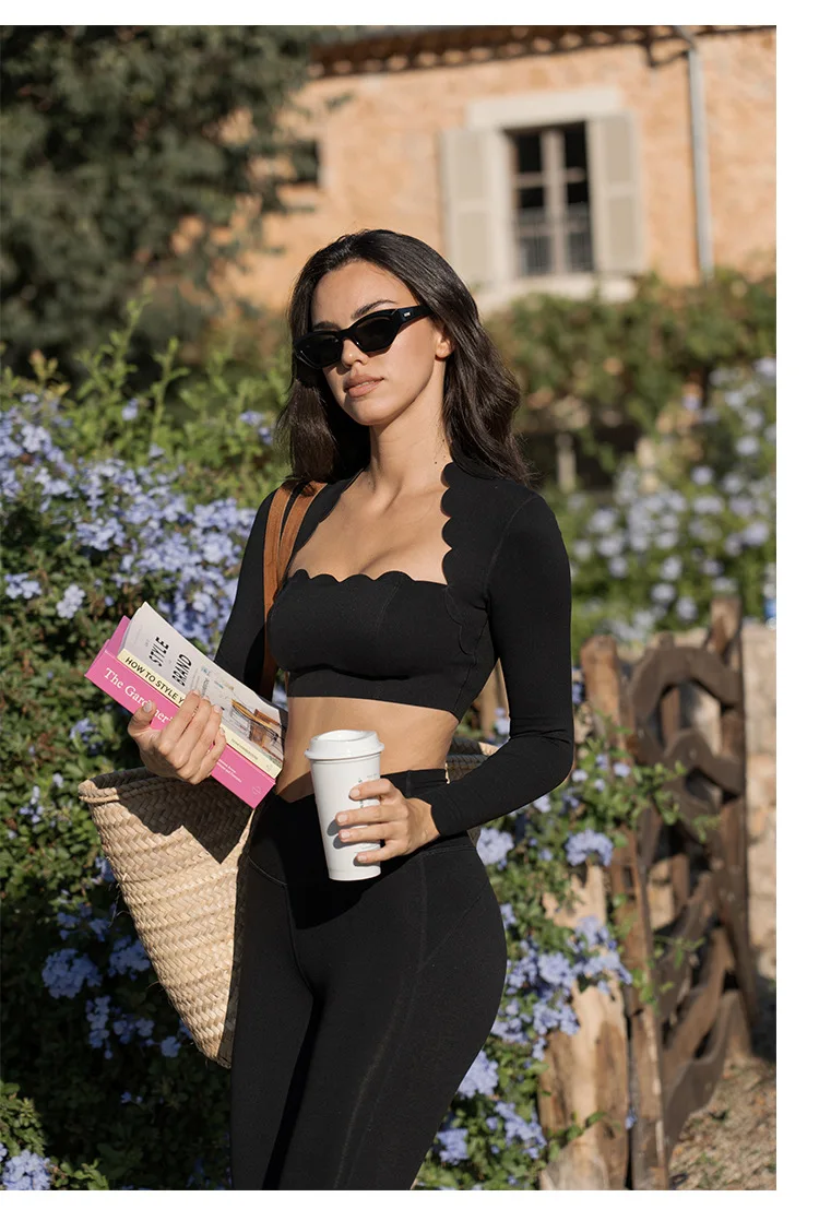 Black Square Neck Yoga Long Sleeve Compression Top And High Elastic Workout Leggings JKP7350