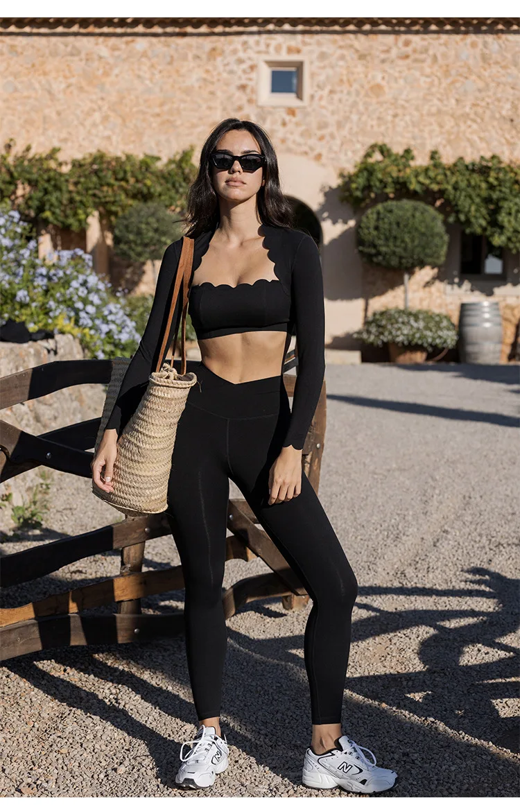 Black Square Neck Yoga Long Sleeve Compression Top And High Elastic Workout Leggings JKP7350