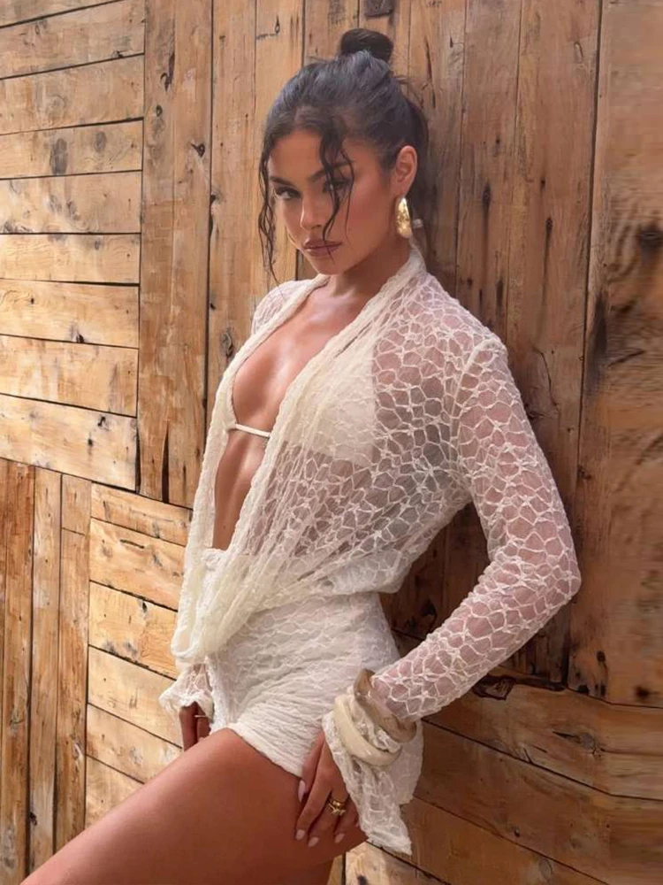 Summer Outfit 2025 Women Lace Sheer Embroidered Long Sleeve Top And Matching Shorts JKP7352