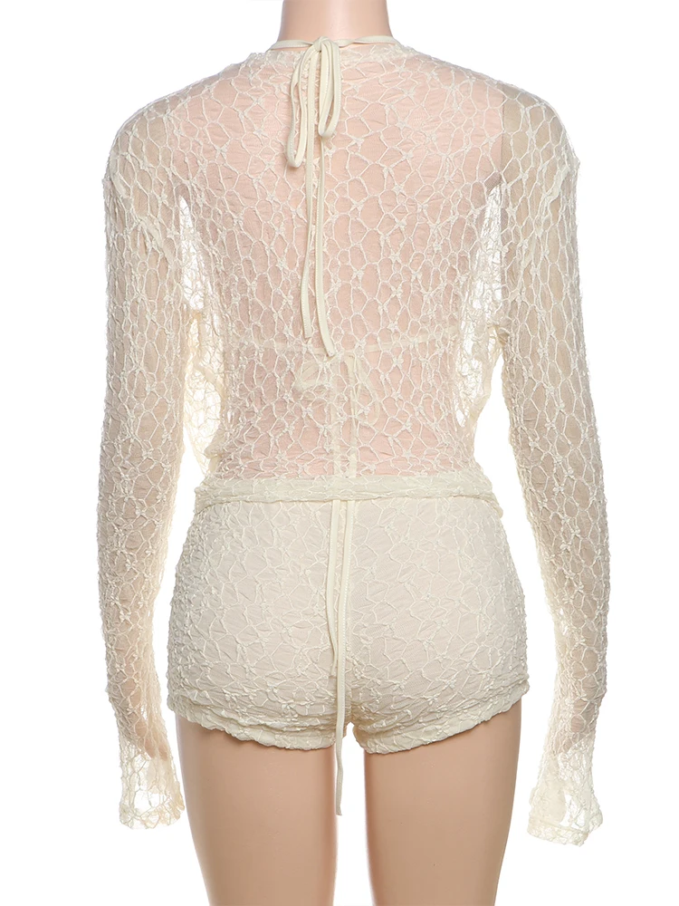Summer Outfit 2025 Women Lace Sheer Embroidered Long Sleeve Top And Matching Shorts JKP7352