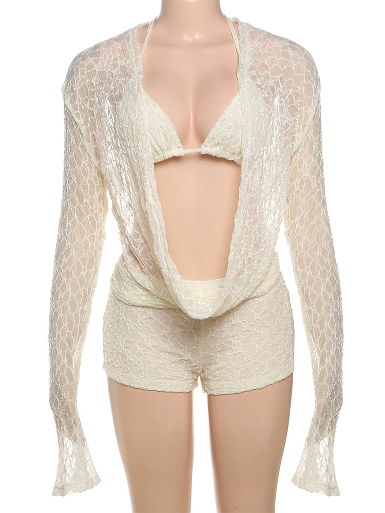 Summer Outfit 2025 Women Lace Sheer Embroidered Long Sleeve Top And Matching Shorts JKP7352