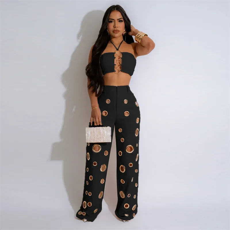 Women Outfit Clubwear Festival Clothing Halter Crop Top And Pants With Hole JKP7353