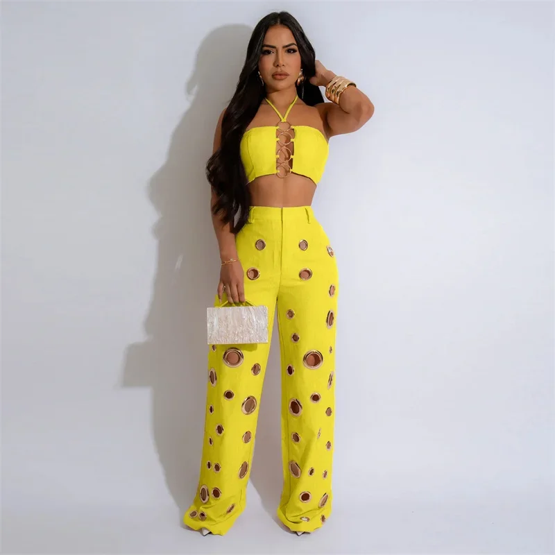 Women Outfit Clubwear Festival Clothing Halter Crop Top And Pants With Hole JKP7353